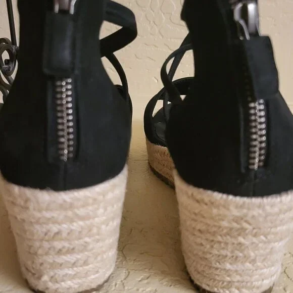 Eileen Fisher Sandals 8.5 Wedge Espadrilles Black Faux Suede Casual Comfort NWOB - Picture 6 of 10